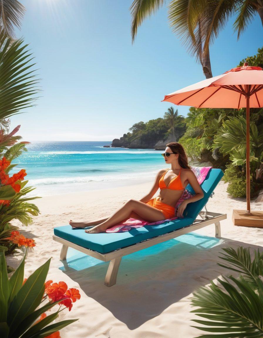 A vibrant scene depicting a stylish woman transitioning from a luxurious poolside, lounging on a chic sunbed, to the rolling ocean waves, showcasing a variety of fashionable swimwear options. Include colorful beach umbrellas and tropical plants, radiant sunlight reflecting off the water, and playful splashes as other women enjoy the ocean. The setting should evoke a sense of summer relaxation and fun. super-realistic. vibrant colors. tropical theme.