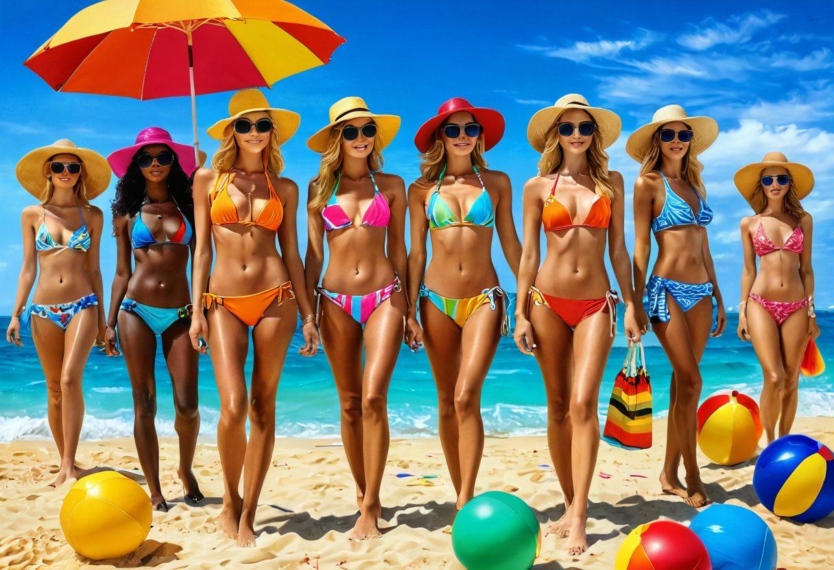 A vibrant beach scene featuring stylish models showcasing the latest bikini trends against a backdrop of golden sands and sparkling ocean waves. Include a variety of colorful and trendy bikinis, beach accessories like sun hats and sunglasses, and playful beach elements such as umbrellas and beach balls. The sun should be shining brightly, enhancing the summery vibe. super-realistic. vibrant colors. beach setting.